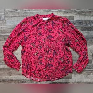 🩷💚Liz Claiborne Womans Key Hole Neckline Top Size L Reddish/Pink Multi🩵💜